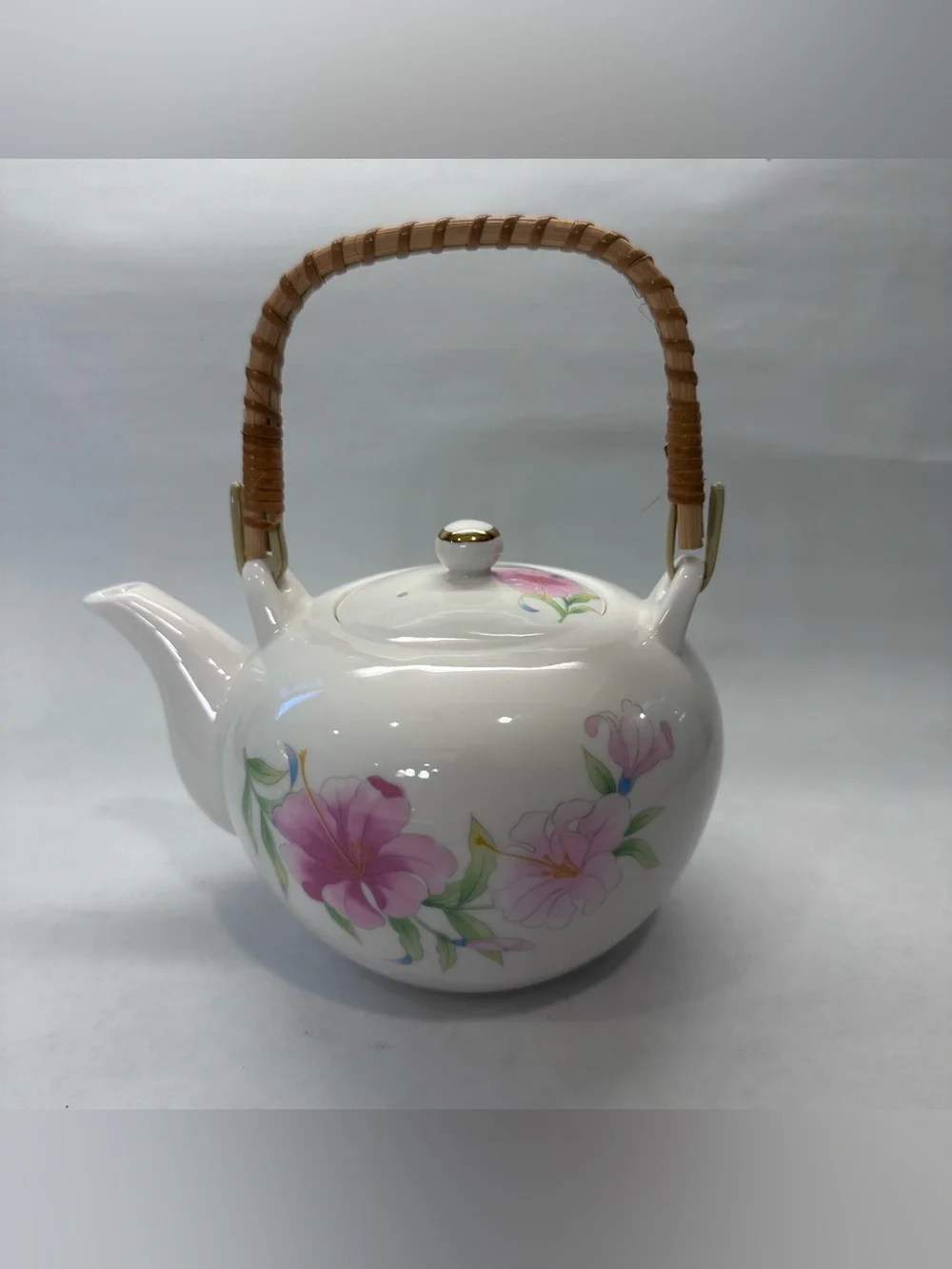 Vintage Price Products Teapot Floral Bamboo Handle Japan Hidden Chip on Rim